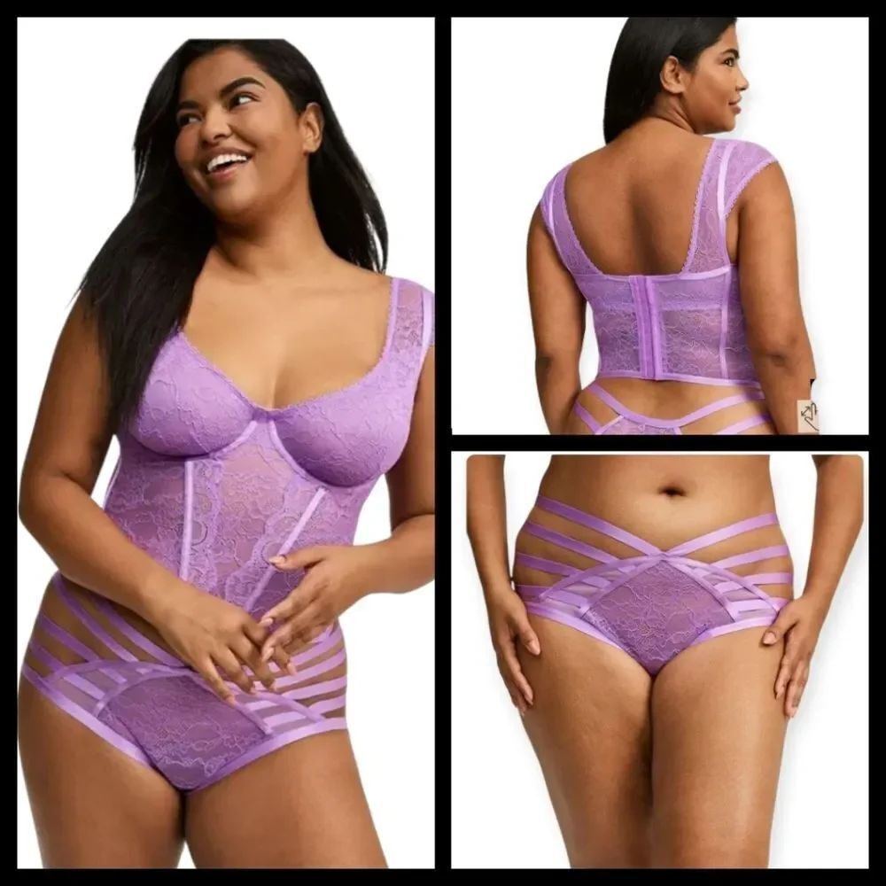 3X 22W 24W Torrid Purple Lace Underwire Bustier Panty Set Strappy Tanga Lingerie